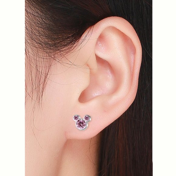 Light Pink Zircon Mickey Mouse Stud Earrings S925 Sterling Silver - Picture 2 of 3